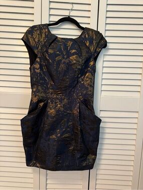AllSaints Opulence Navy and Gold Textured Cap-Sleeve Mini Dress